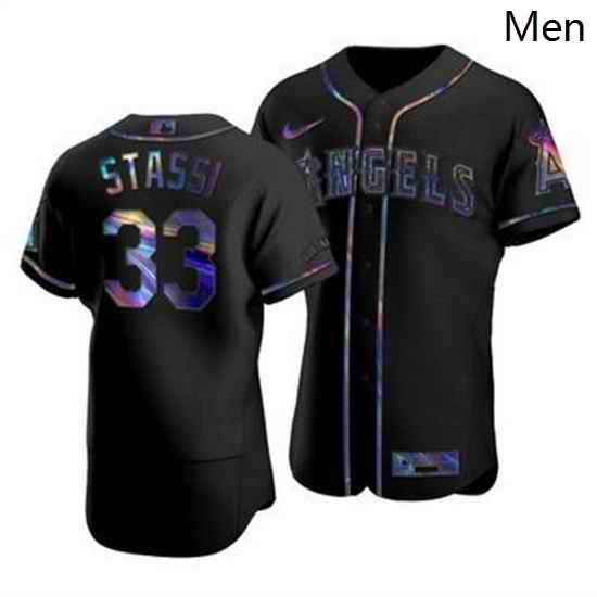 Men Los Angeles Angels 33 Max Stassi Men Nike Iridescent Holographic Collection MLB Jersey Black